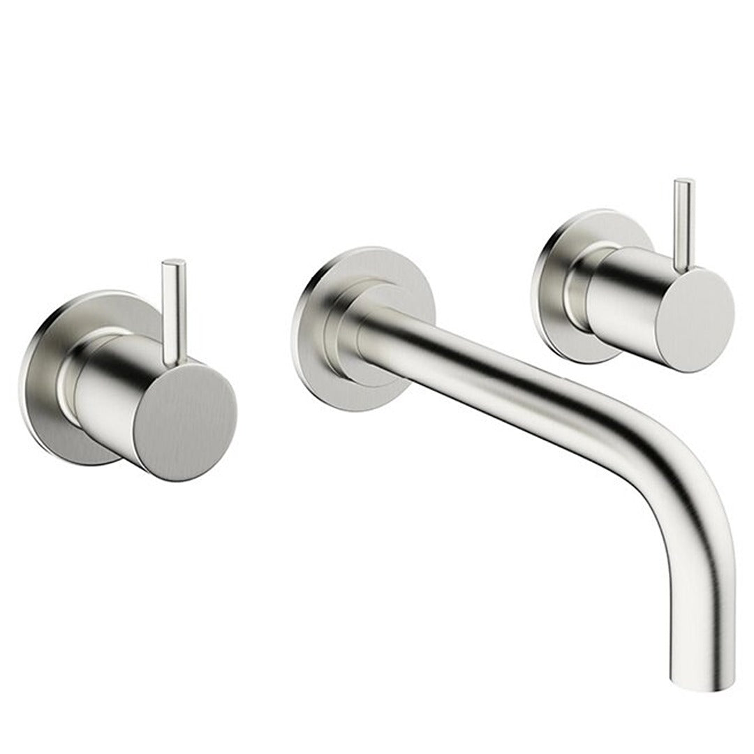 Brushed steel wall-mounted basin mixer with twin lever handles and curved spout