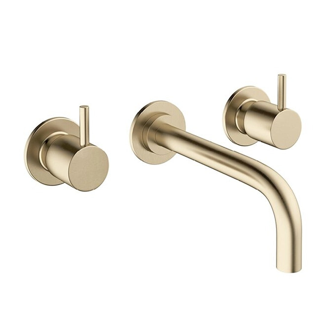 Brushed brass wall-mounted basin mixer with twin lever handles and curved spout