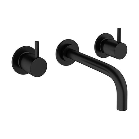 Matt black wall-mounted basin mixer with twin lever handles and curved spout