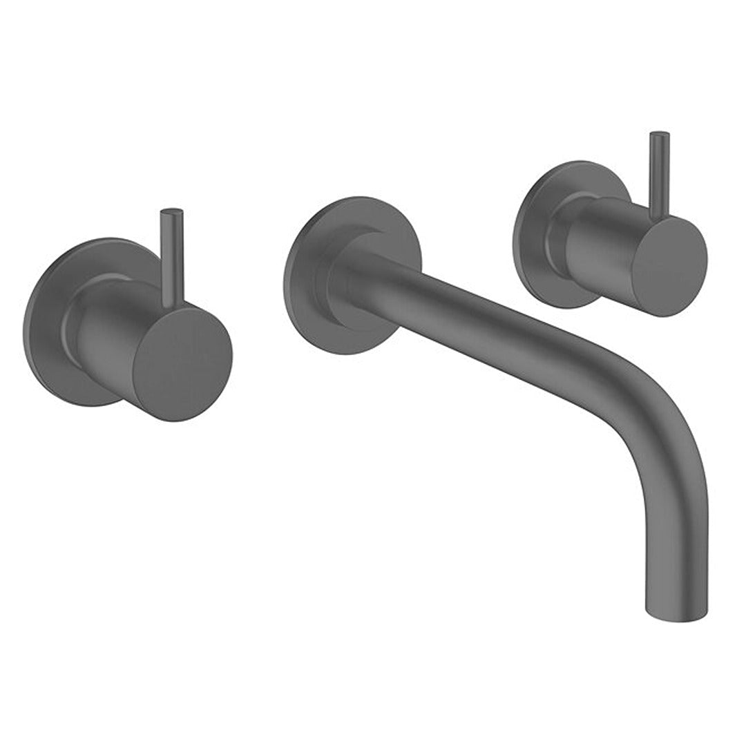 Slate grey wall-mounted basin mixer with twin lever handles and curved spout