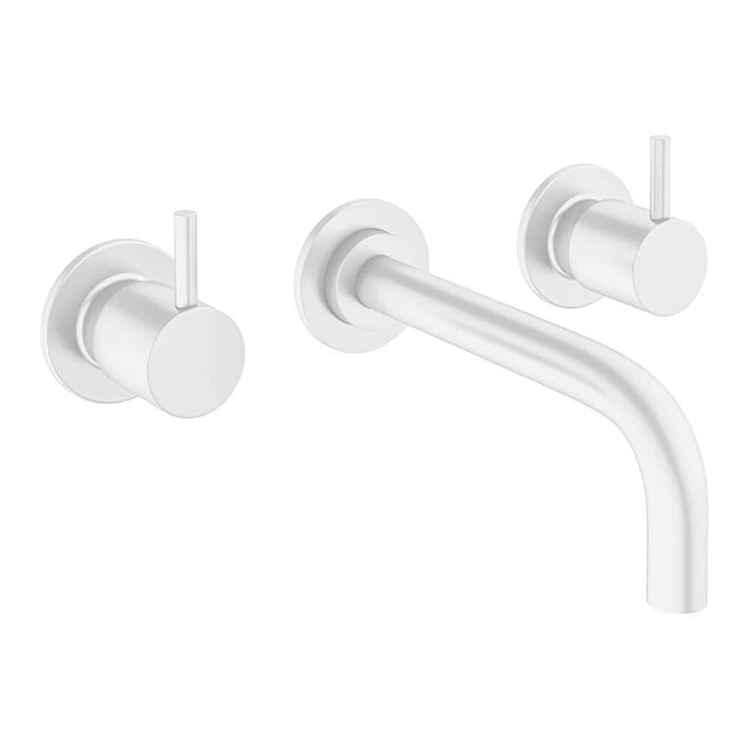 White wall-mounted basin mixer with twin lever handles and curved spout