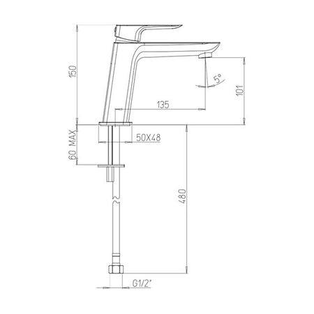 Chrome basin mixer tap technical line drawing with dimensions