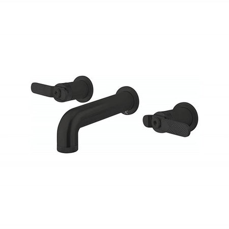 Matt black wall-mounted 3-hole basin mixer tap with two lever handles and spout
