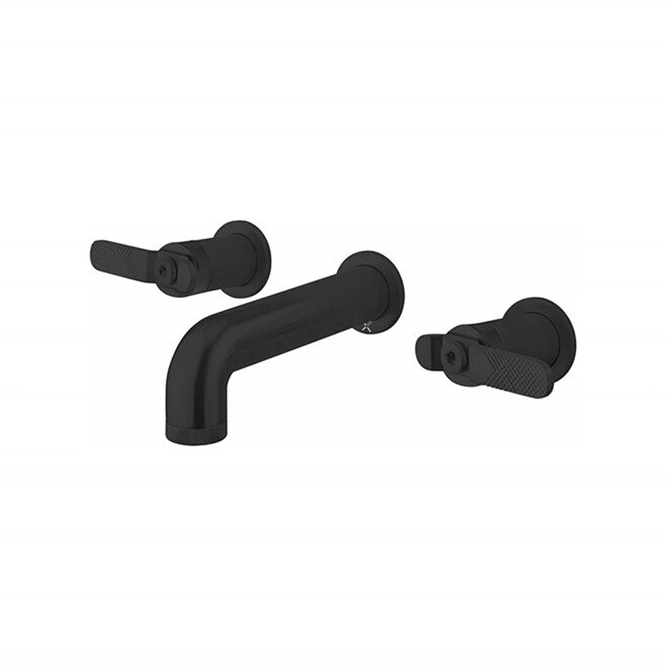 Matt black wall-mounted 3-hole basin mixer tap with two lever handles and spout