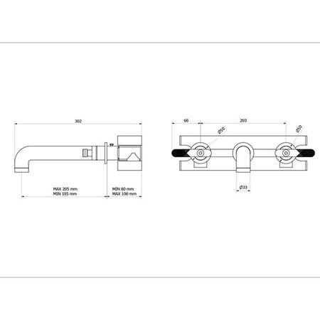Wall-mounted basin mixer tap technical side view with lever handles and dimensions