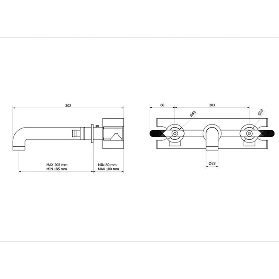 Wall-mounted basin mixer tap technical side view with lever handles and dimensions