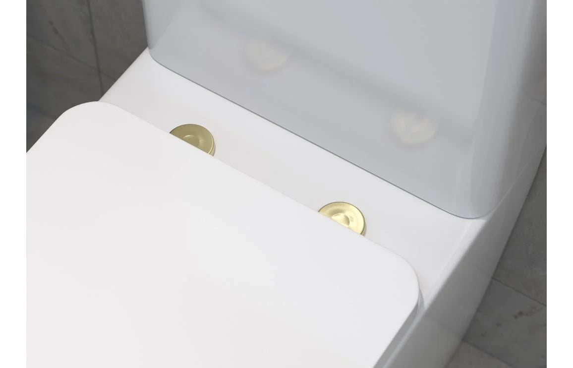 Gold toilet seat cover caps on a white toilet seat, front view