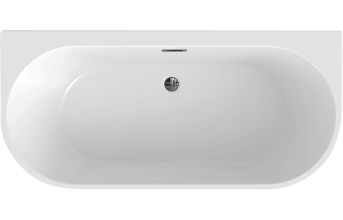 Freestanding white bathtub with overflow and centered drain