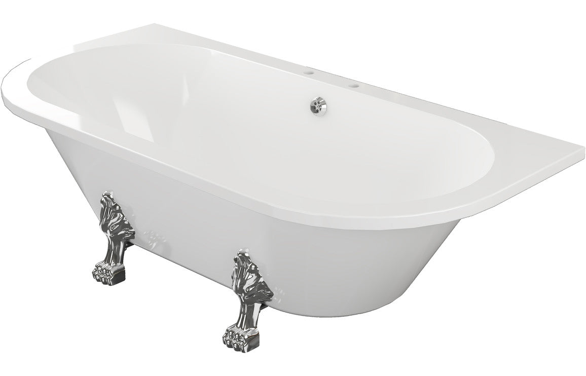 White freestanding back-to-wall bath with angled view and decorative claw feet