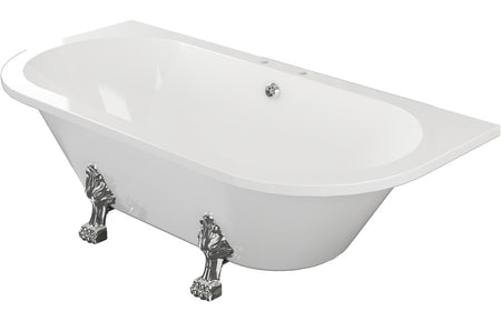 White freestanding back-to-wall bath with angled view and decorative claw feet