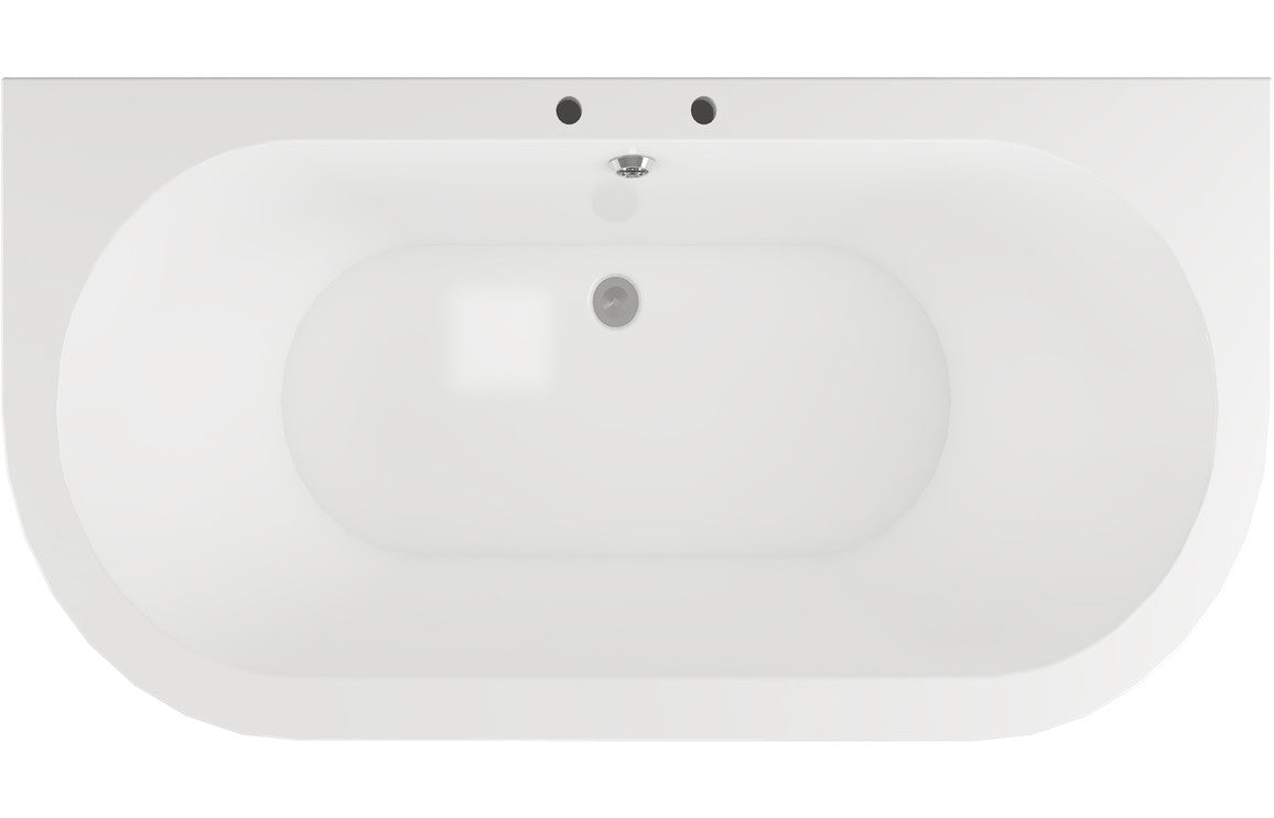 White oval back-to-wall bath with built-in drain and overflow fittings
