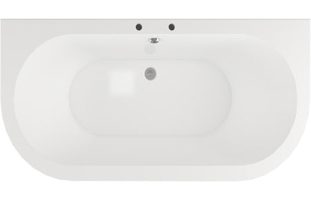 White oval back-to-wall bath with built-in drain and overflow fittings