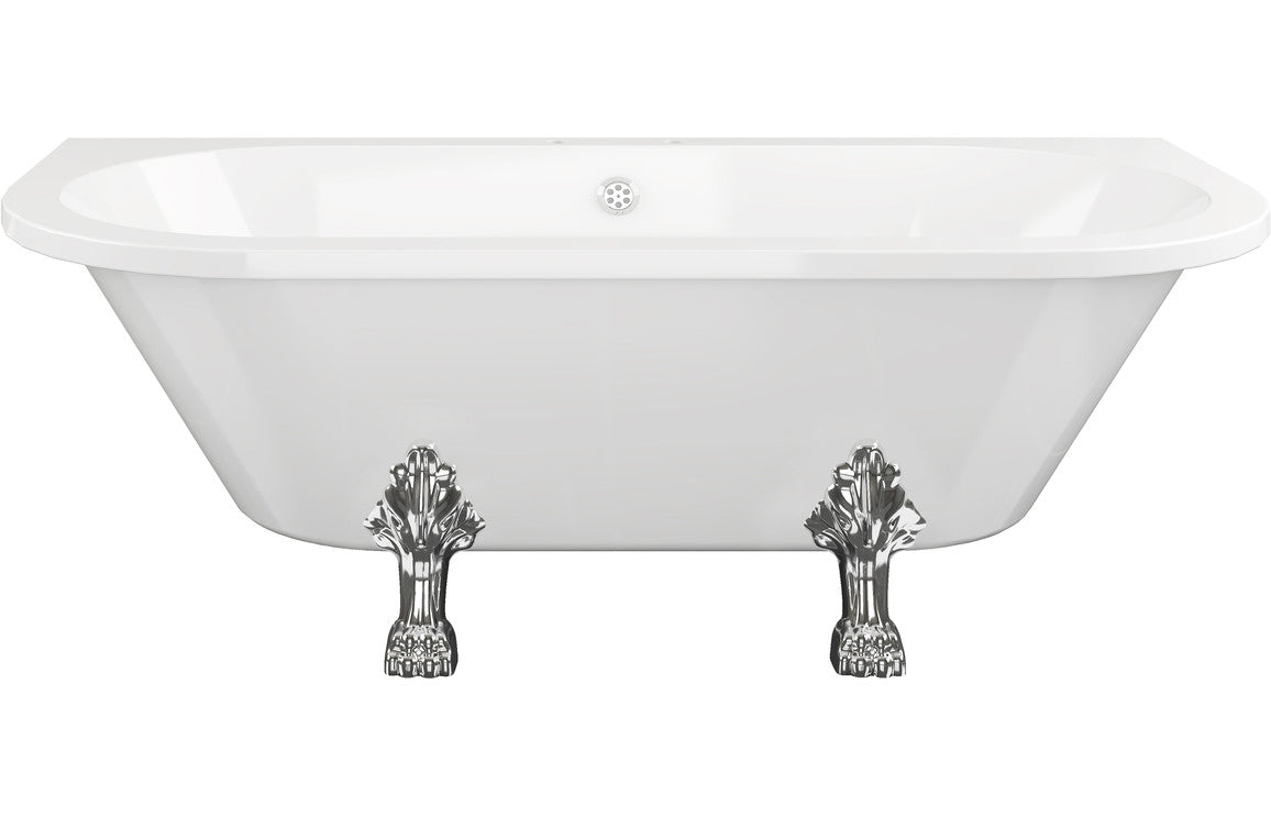 Freestanding back-to-wall bath, white, with decorative feet and central overflow