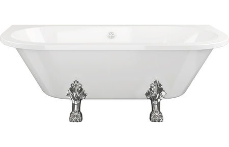 Freestanding back-to-wall bath, white, with decorative feet and central overflow