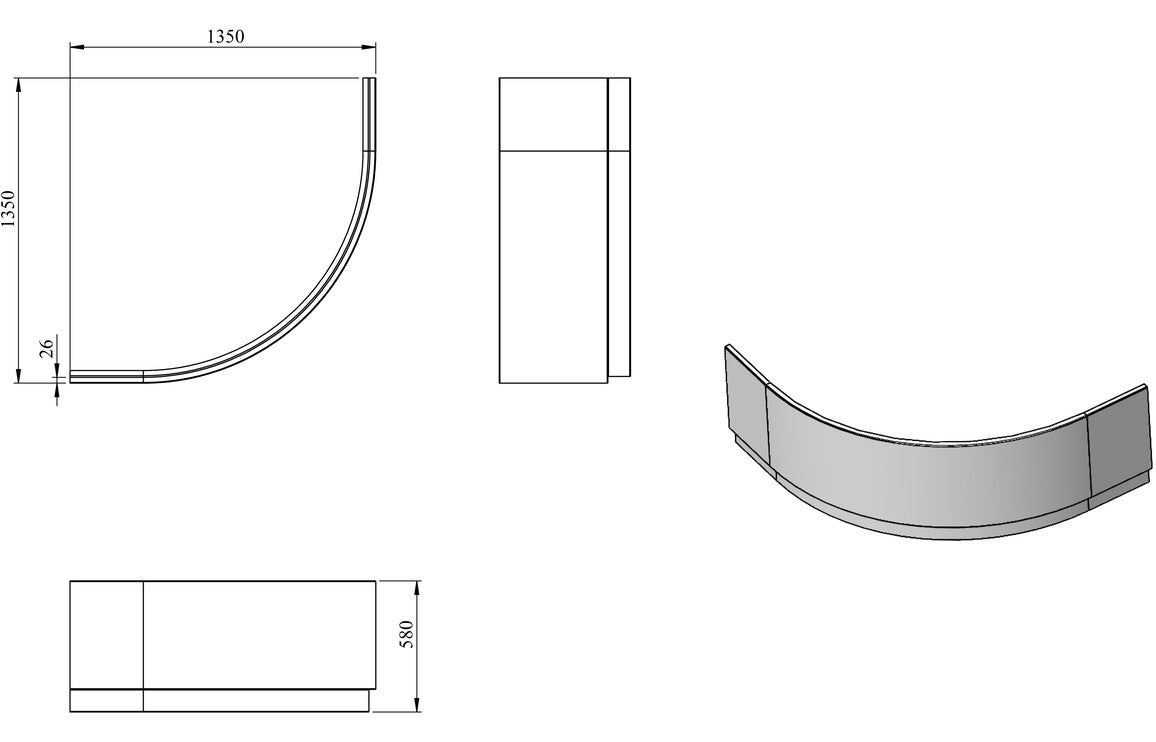 Corner bath panel technical layout with side and end measurements