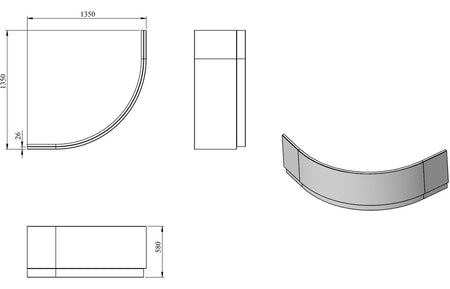 Corner bath panel technical layout with side and end measurements
