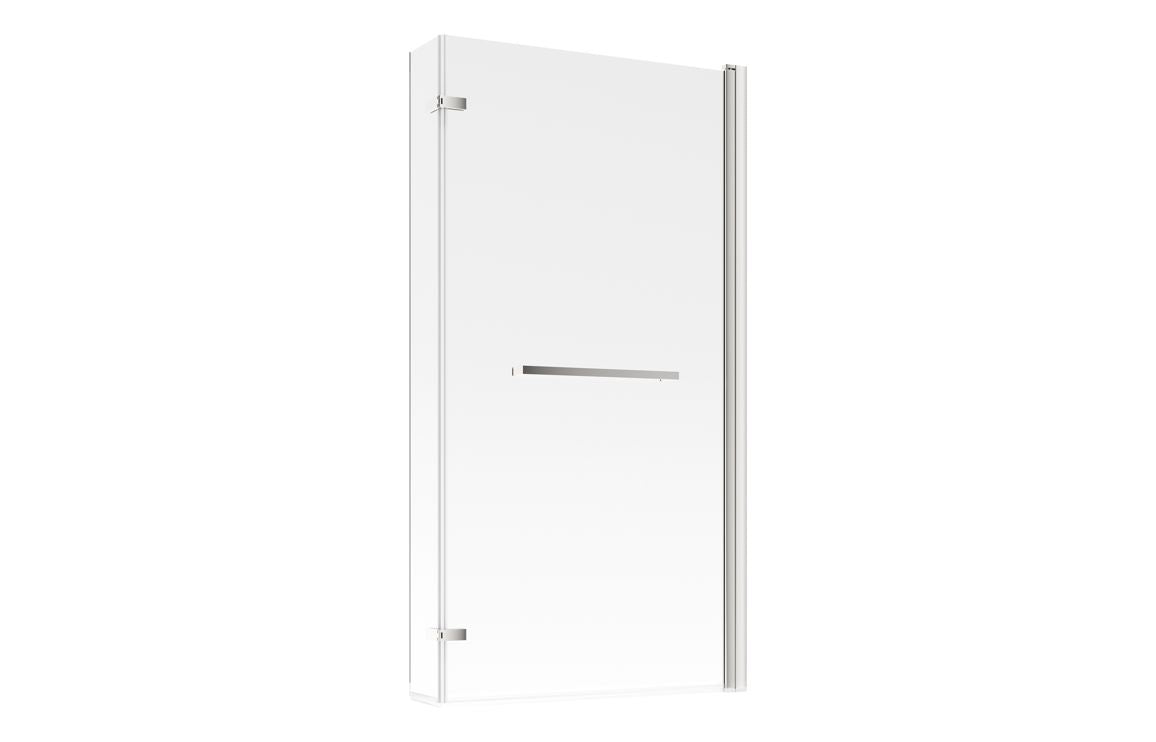 Clear glass bath screen panel with chrome hinges and pull handle