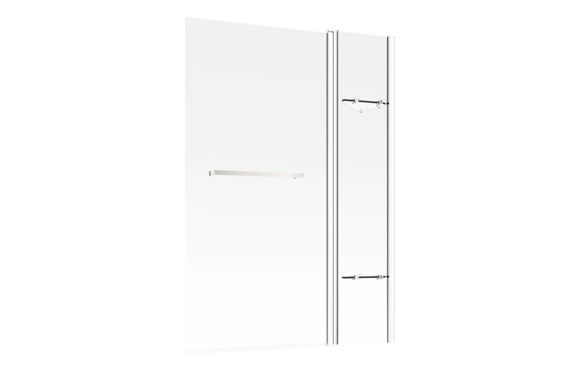 Two-panel folding bath screen close-up with clear glass panels, chrome hinges, and frame