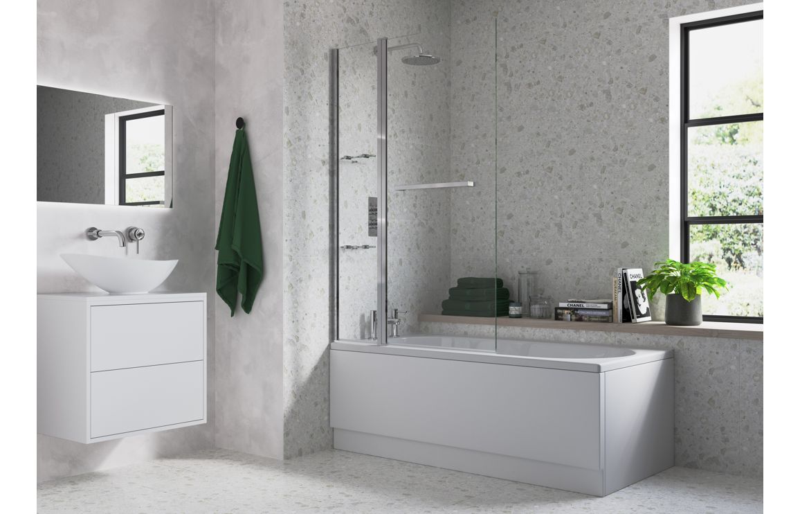 Two-panel folding bath screen with clear glass panels and chrome frame for bathtubs