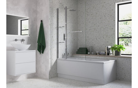 Two-panel folding bath screen with clear glass panels and chrome frame for bathtubs