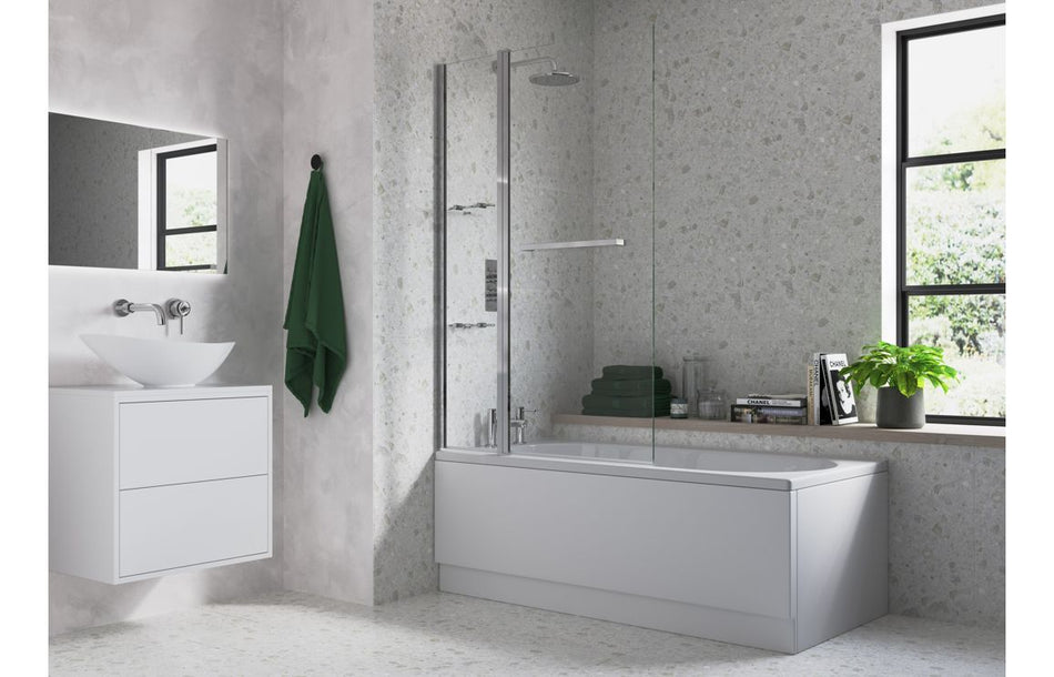 Two-panel folding bath screen with clear glass panels and chrome frame for bathtubs