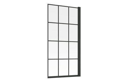 Straight bath screen with black frame and multi-panel square glass grid