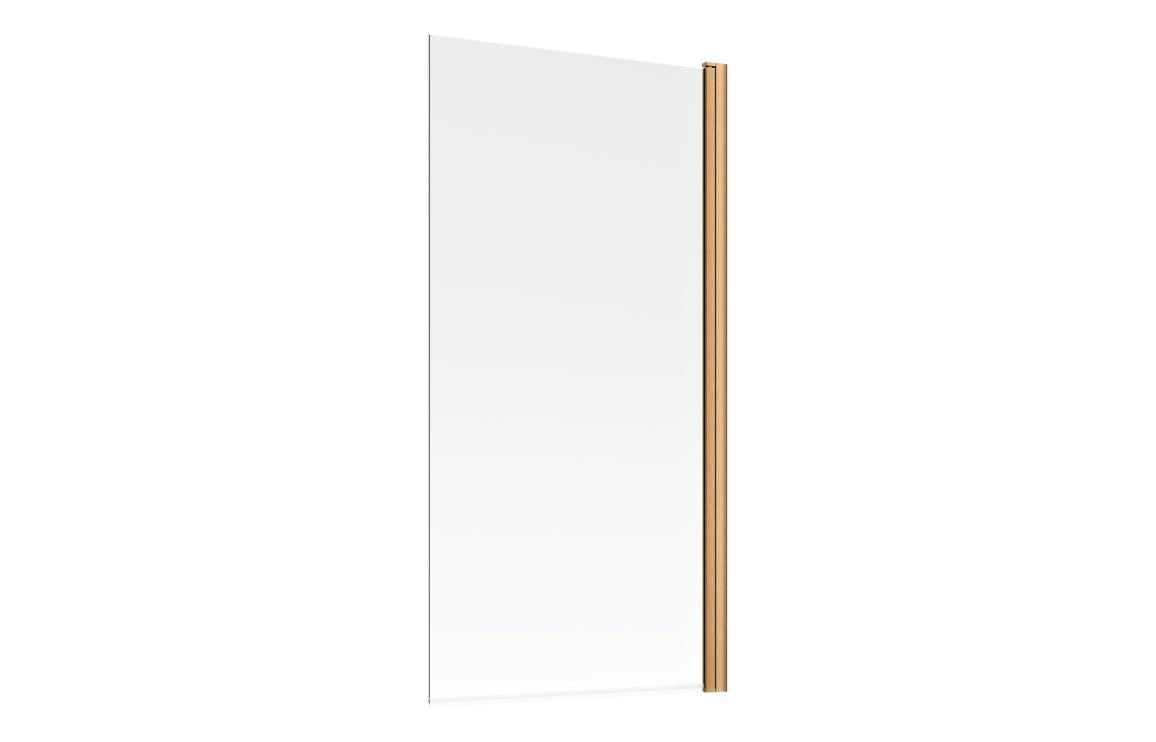 Straight bath screen frame close-up: brushed bronze vertical edge with clear glass