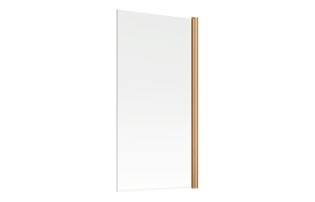 Straight bath screen frame close-up: brushed bronze vertical edge with clear glass
