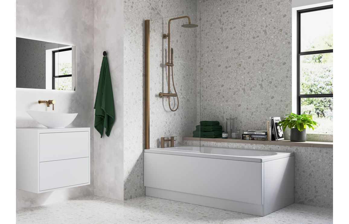 Straight bath screen with brushed bronze frame and clear glass panel (installed)