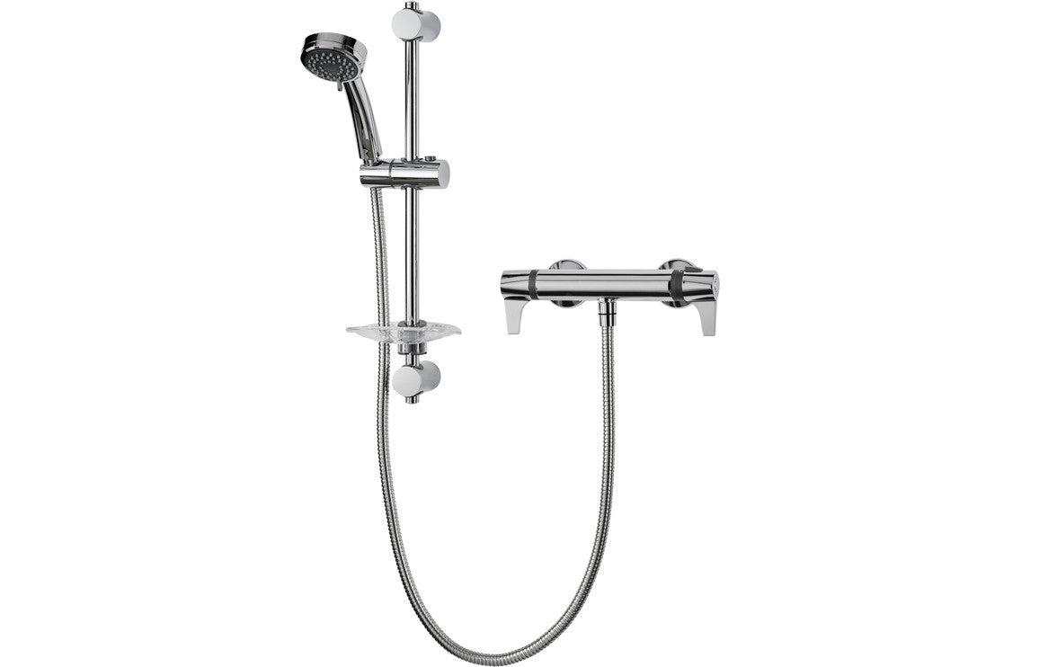 Chrome shower mixer with cool-touch lever, hose and handheld shower set