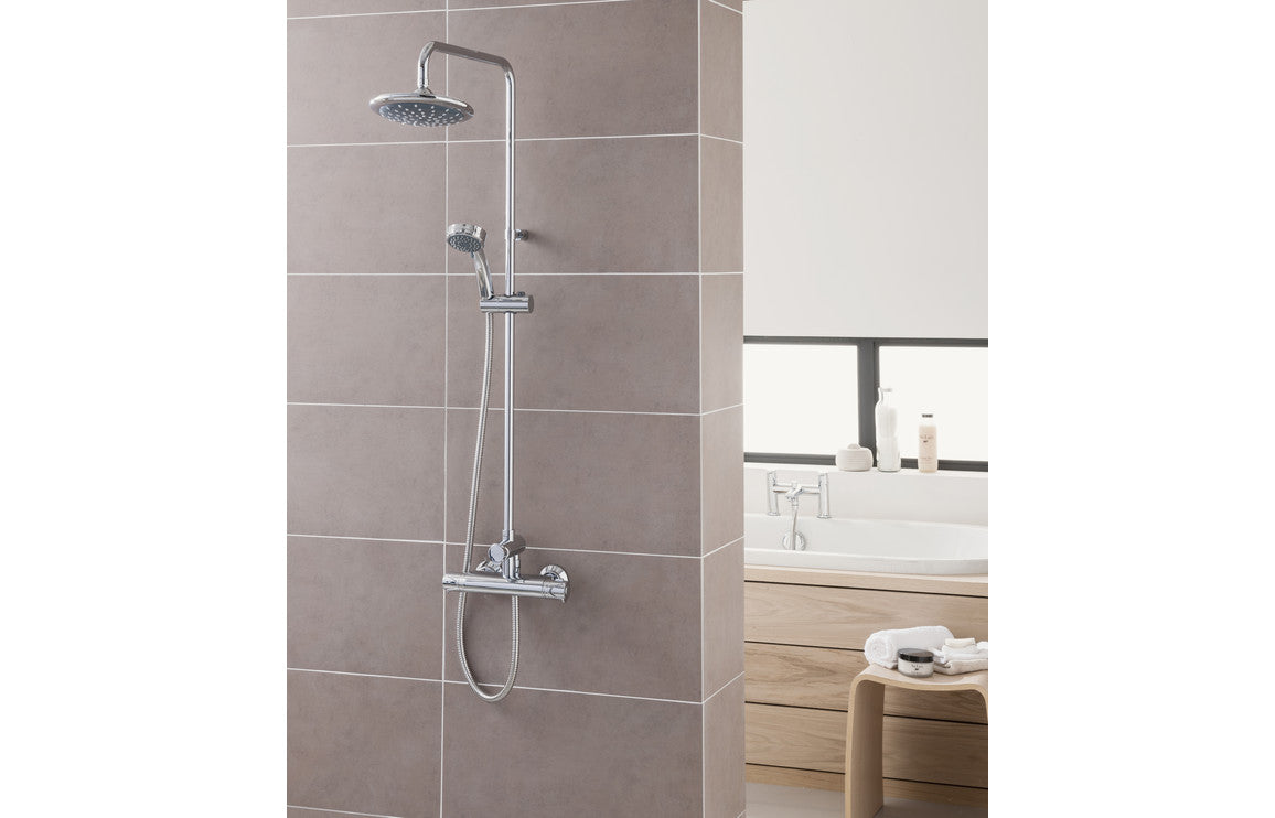 Chrome thermostatic bar mixer shower with diverter and showerhead on wall mount