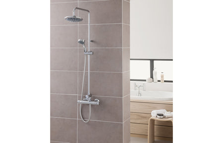 Chrome thermostatic bar mixer shower with diverter and showerhead on wall mount