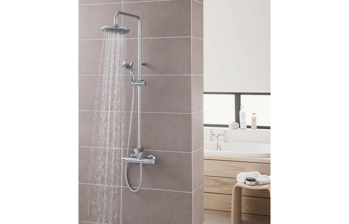 Chrome thermostatic shower mixer with diverter, overhead spray water running