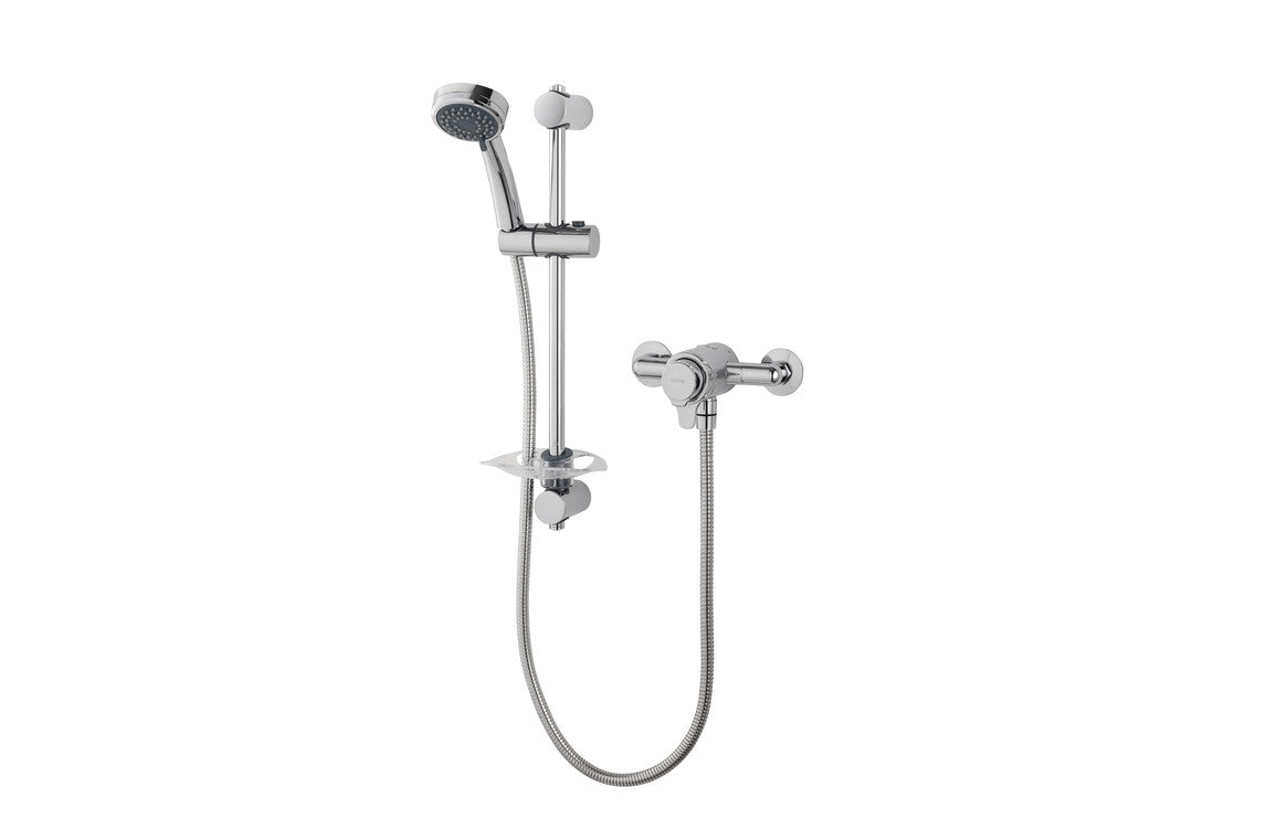 Chrome thermostatic mixer shower set with hand shower, hose, and control knobs