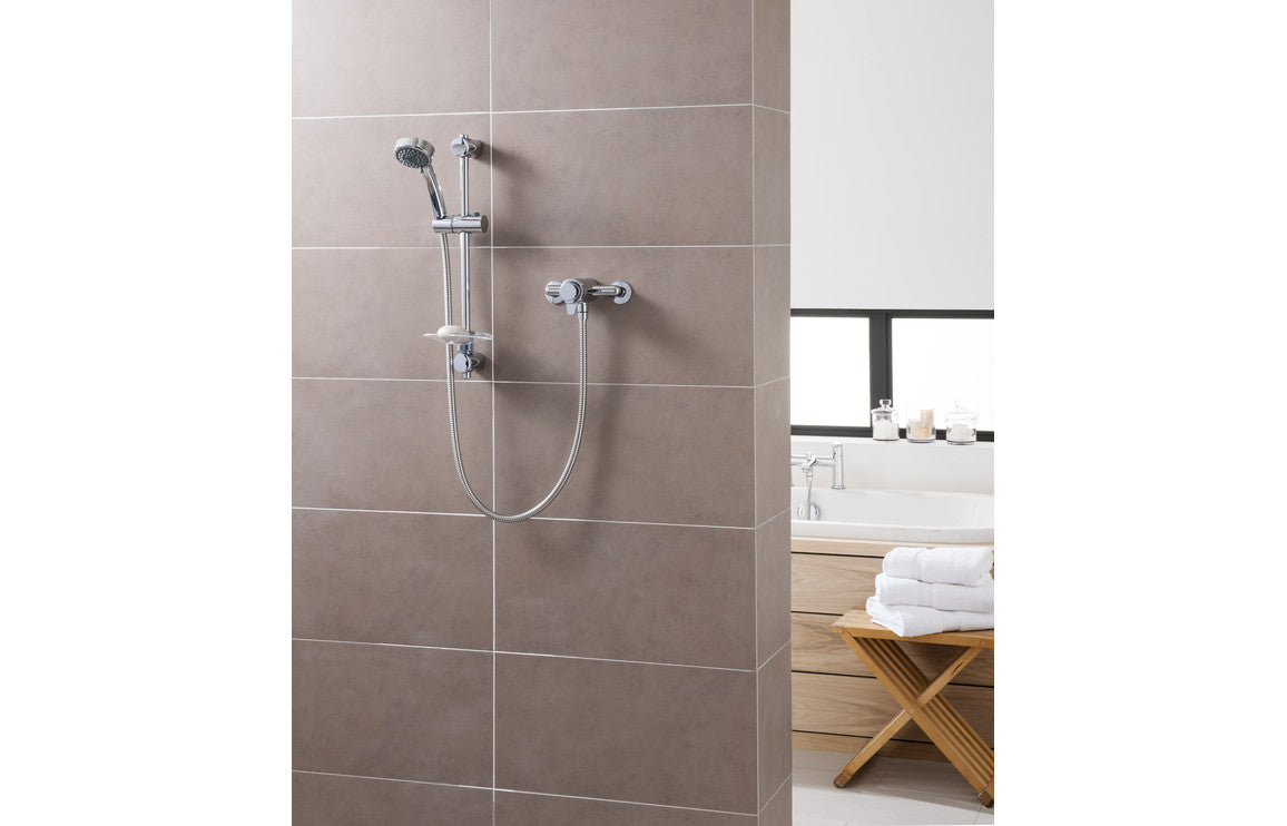 Chrome thermostatic mixer shower with wall-mounted shower head and flexible hose