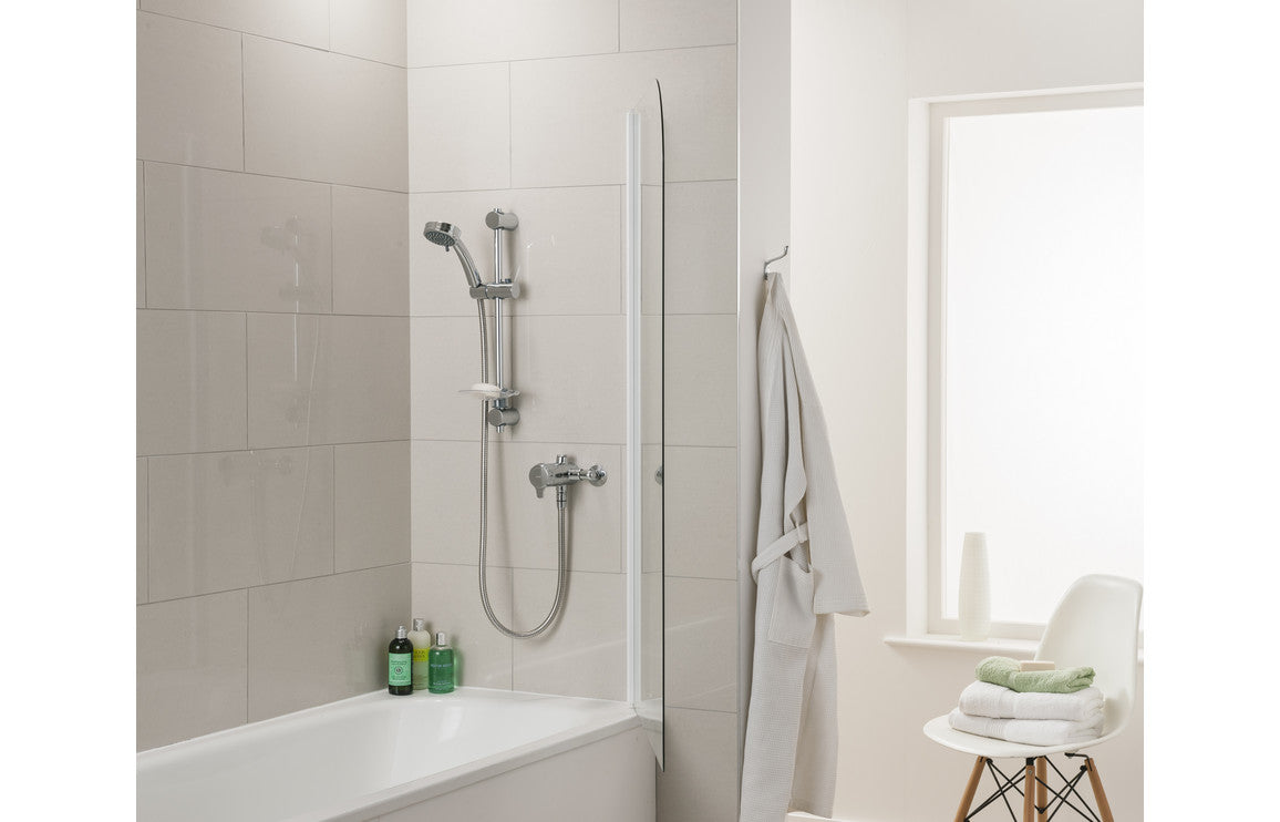 Chrome shower thermostatic mixer with fixed controls, handset and hose