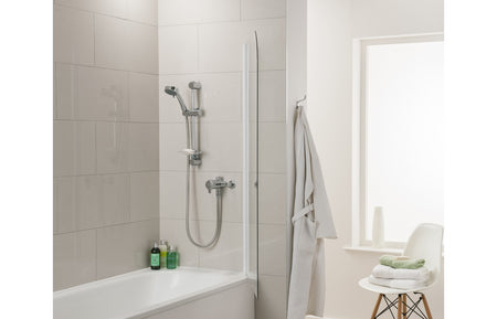 Chrome shower thermostatic mixer with fixed controls, handset and hose