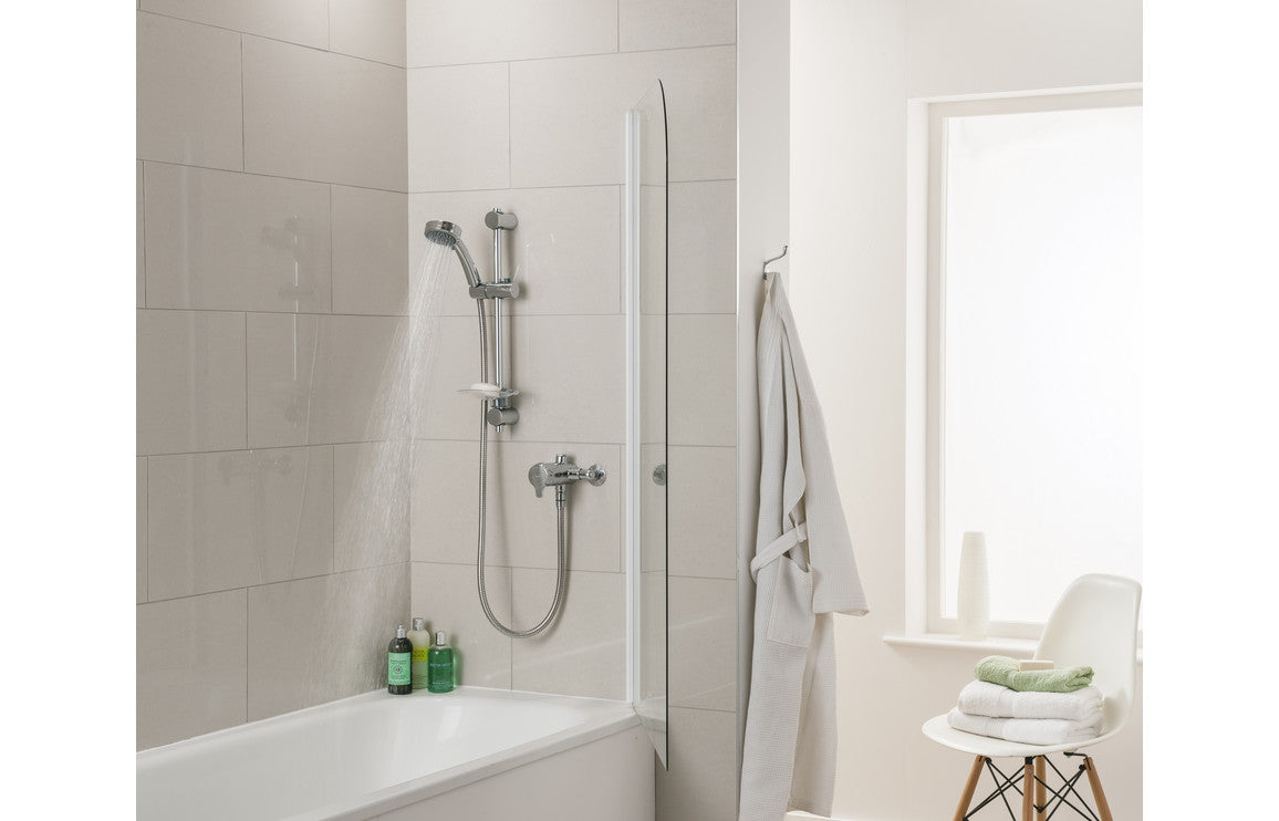 Chrome thermostatic shower mixer set with handset, hose and control knobs