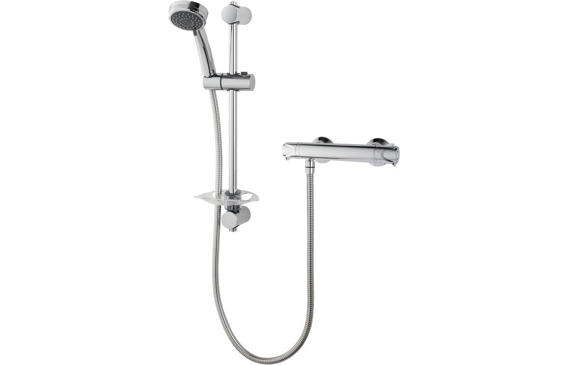 Chrome thermostatic bar mixer shower set with hand shower, hose, and controls