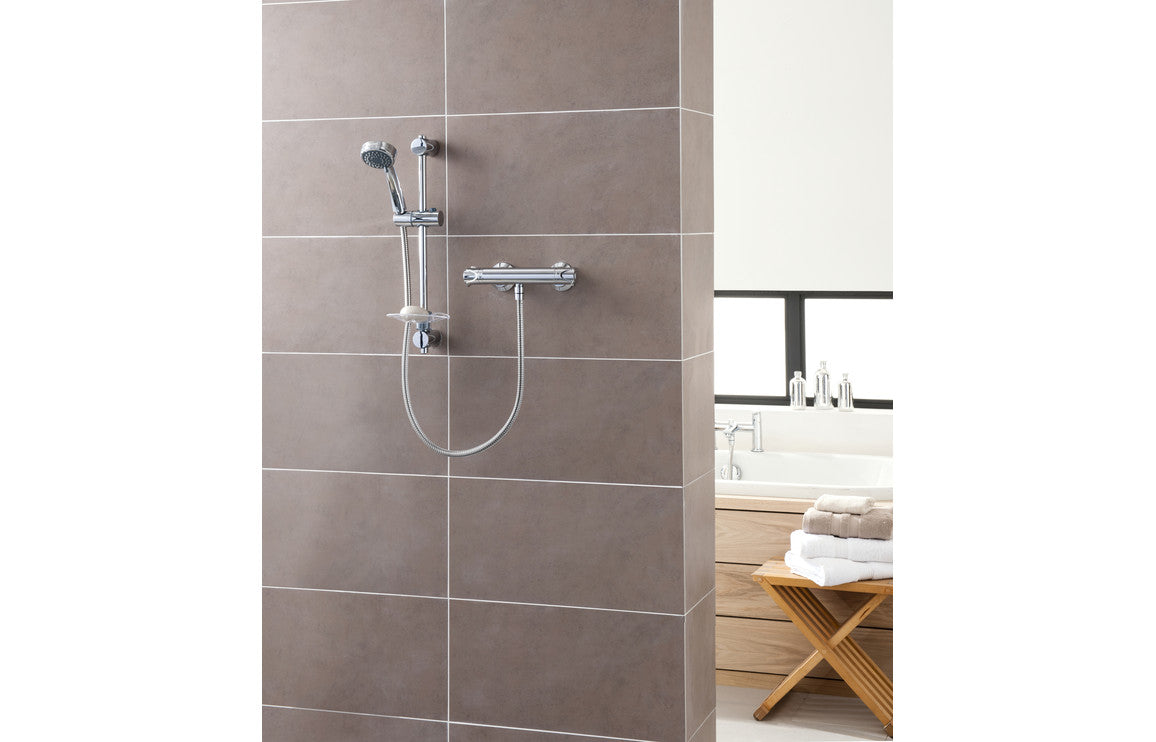 Chrome wall-mounted thermostatic bar mixer shower set with hand shower and hose