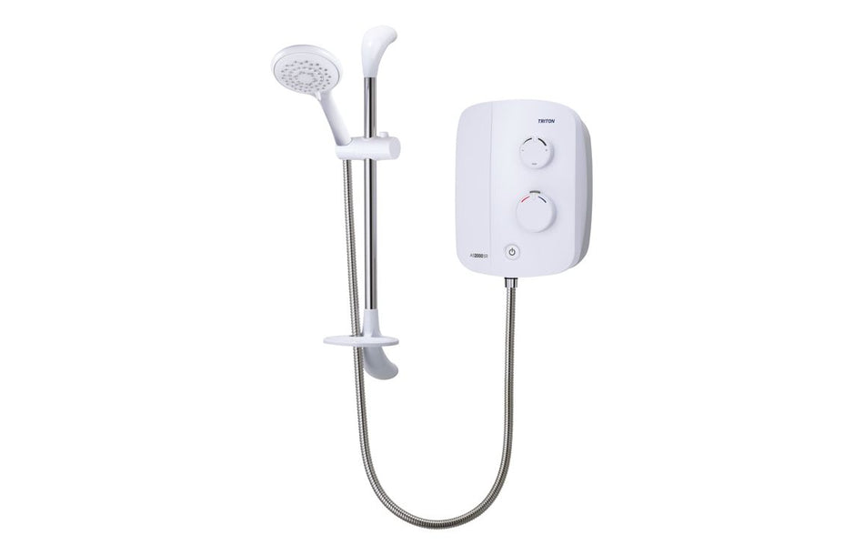 White electric power shower unit with handheld shower head, hose, and control module