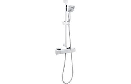 Chrome thermostatic shower mixer with overhead shower, riser, and hose