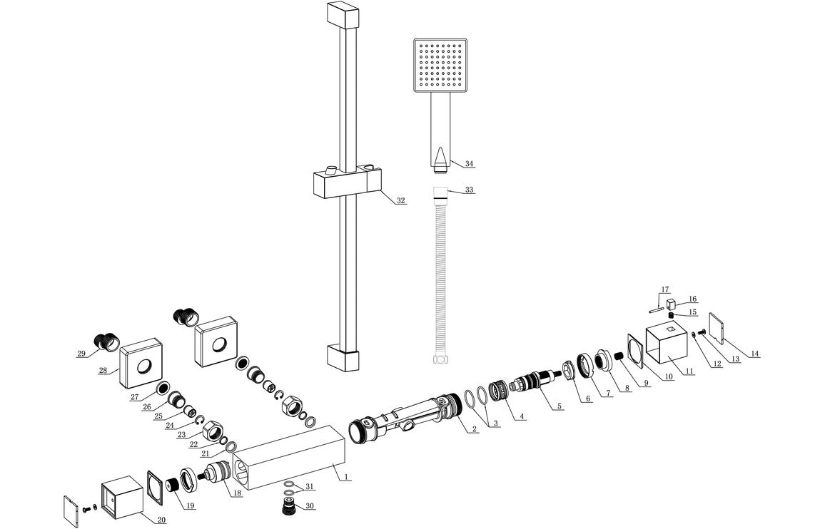 Thermostatic bar mixer shower parts and valve, exploded view
