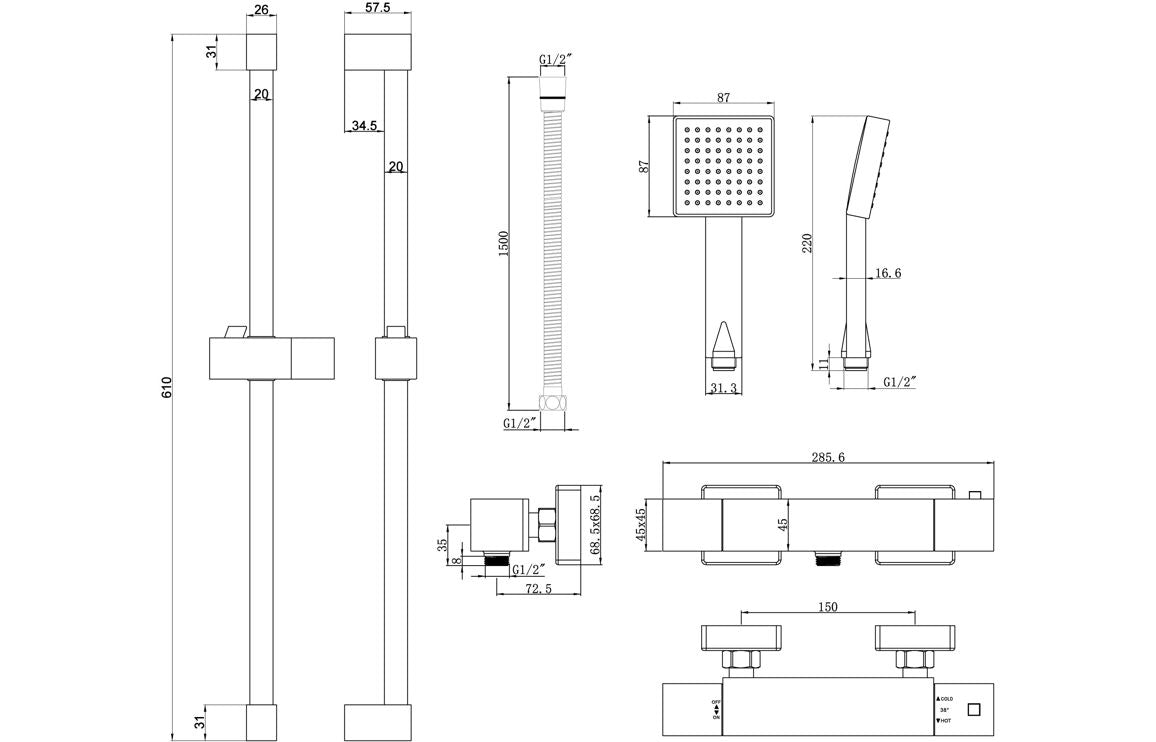 Thermostatic bar mixer shower technical line drawing with dimensions