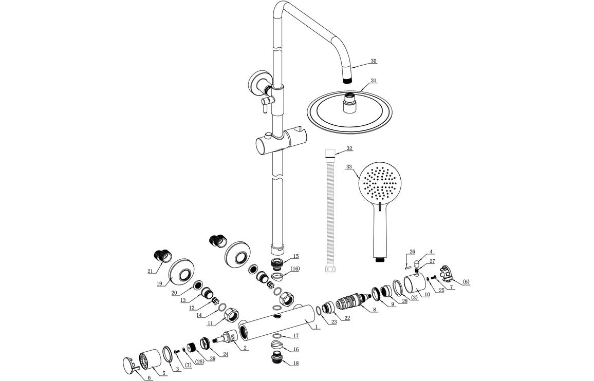 Exploded view of chrome thermostatic shower mixer set, riser rail, and handset parts