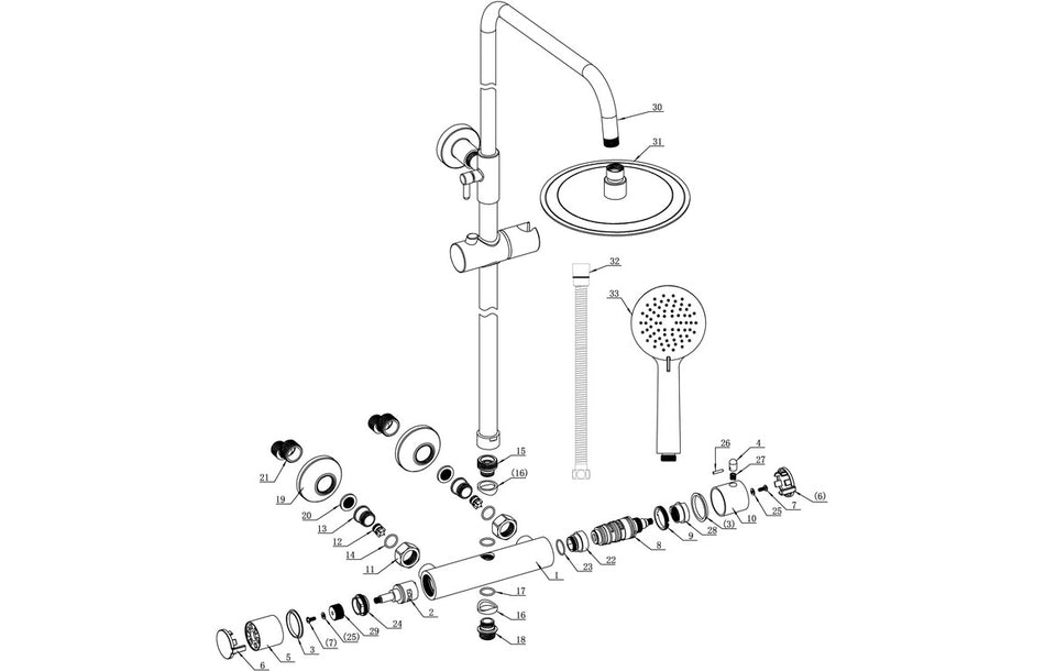 Exploded view of chrome thermostatic shower mixer set, riser rail, and handset parts