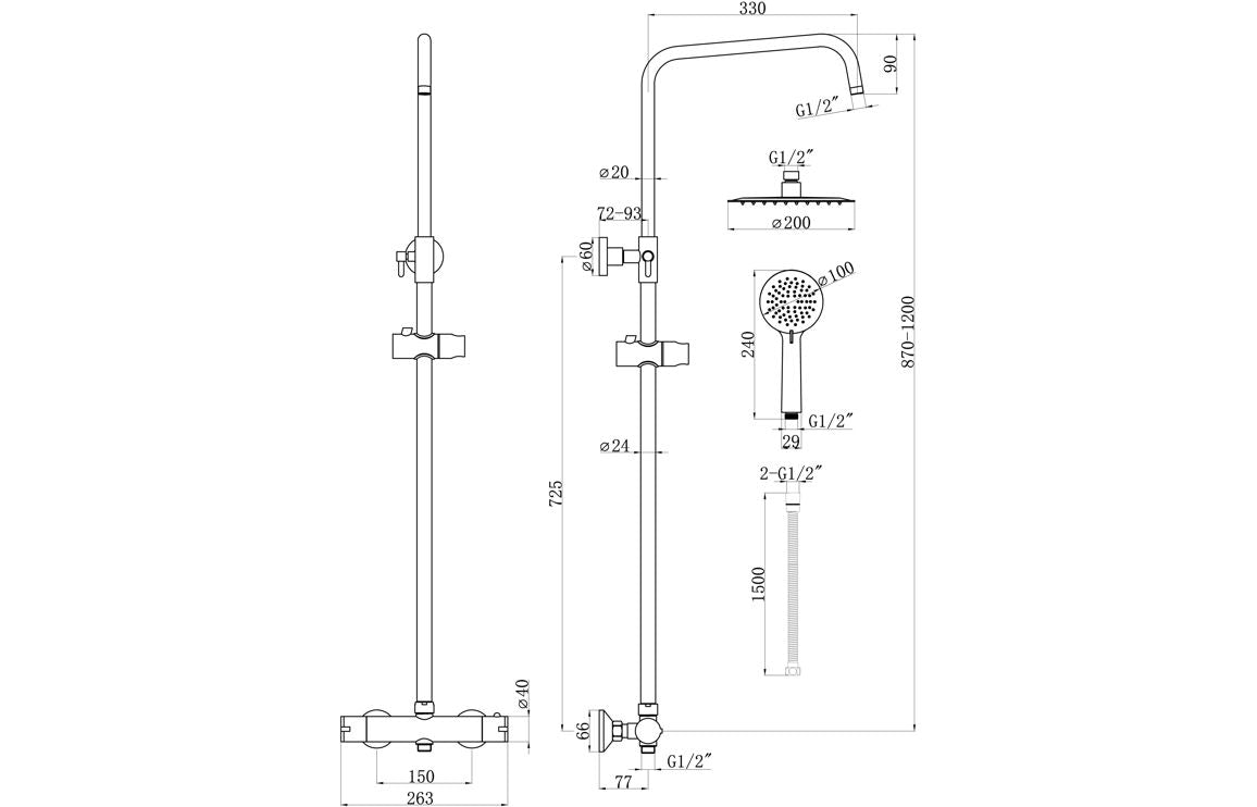 Chrome thermostatic shower mixer set technical diagram with riser rail and handset