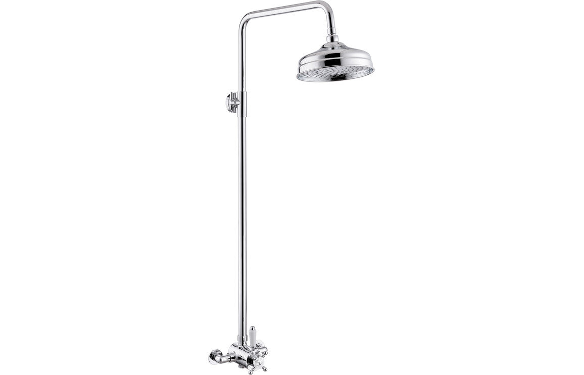 Chrome shower valve and overhead shower kit with round rain shower head and arm