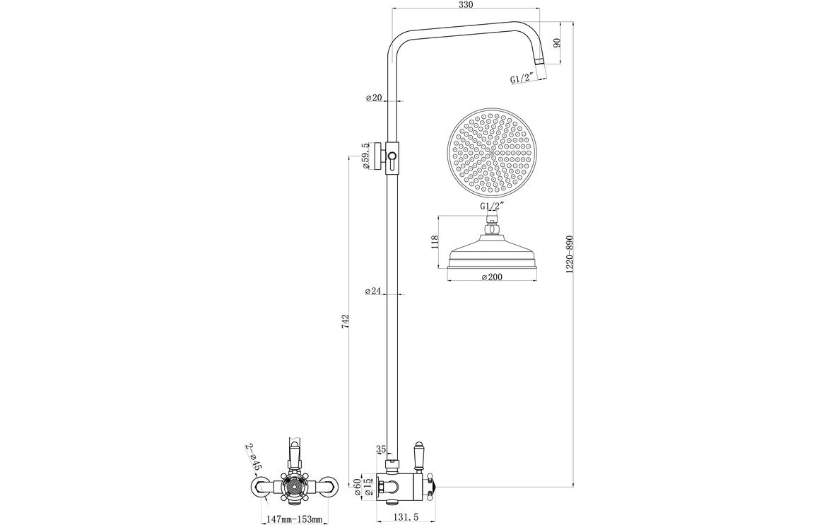 Chrome overhead shower kit technical diagram with dimensions for valve and shower head