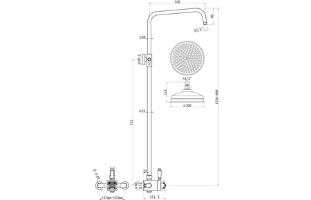 Chrome overhead shower kit technical diagram with dimensions for valve and shower head